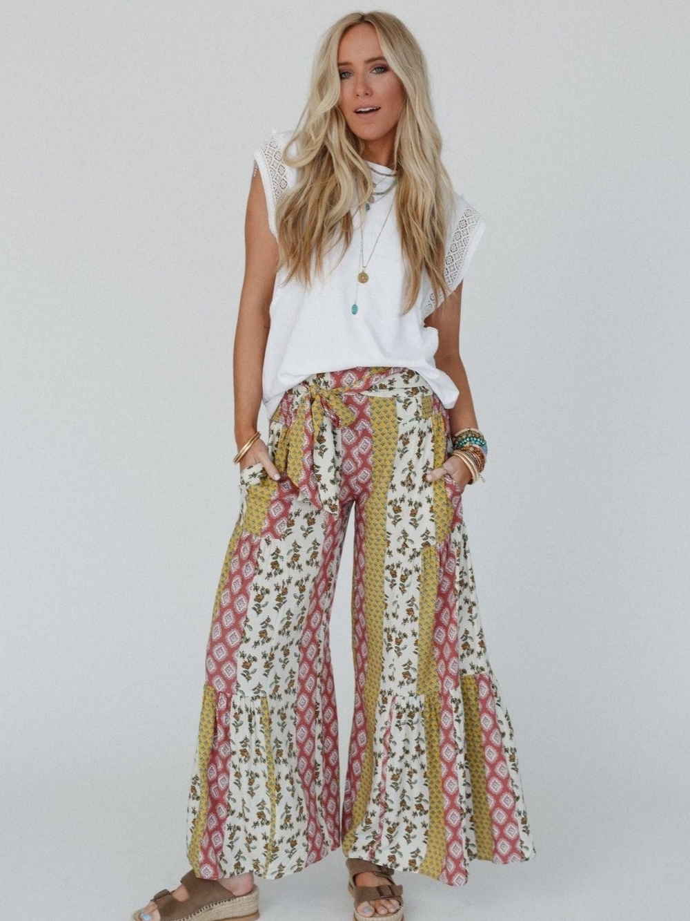 Three Bird Nest Printed Wide-Leg Tie-Waist Pants in Cream, Pink & Mustard